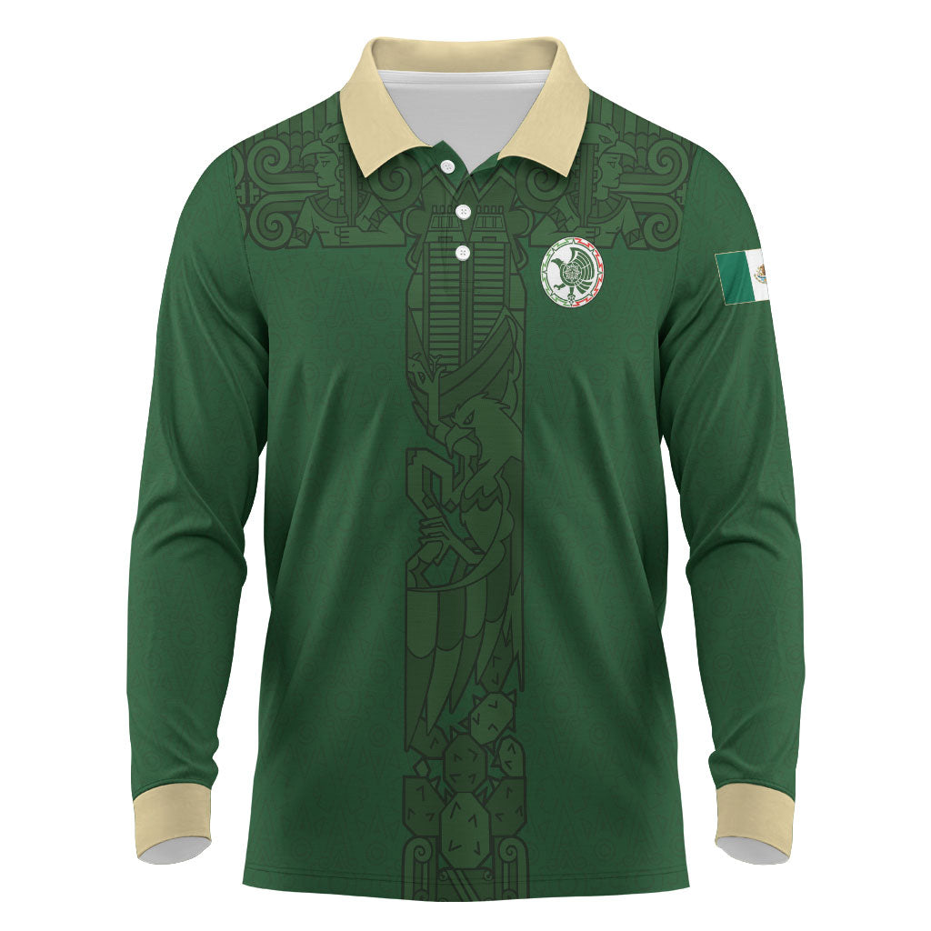 Mis Raices Mexico Football Custom Long Sleeve Polo Shirt Aztec Calendar Line Art
