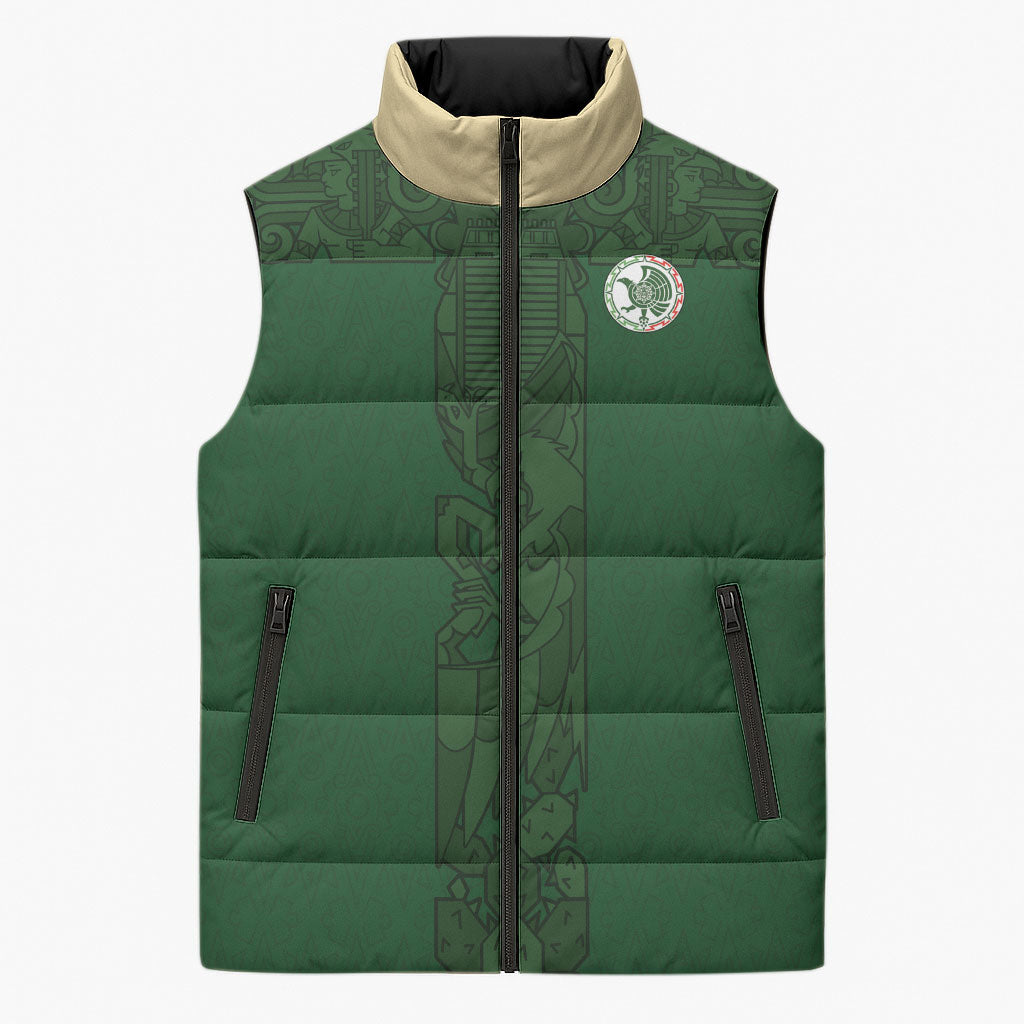 Mis Raices Mexico Football Custom Sleeveless Puffer Jacket Aztec Calendar Line Art