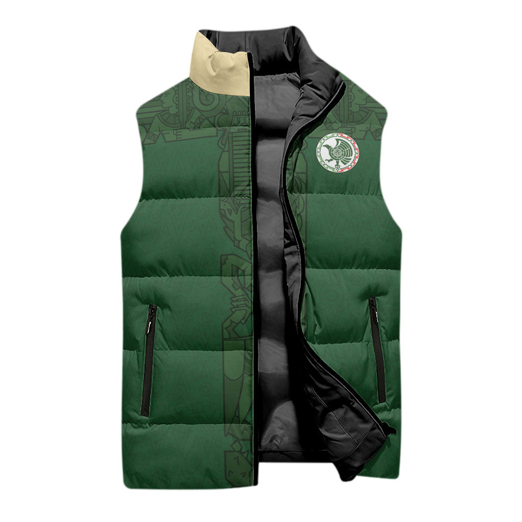 Mis Raices Mexico Football Custom Sleeveless Puffer Jacket Aztec Calendar Line Art