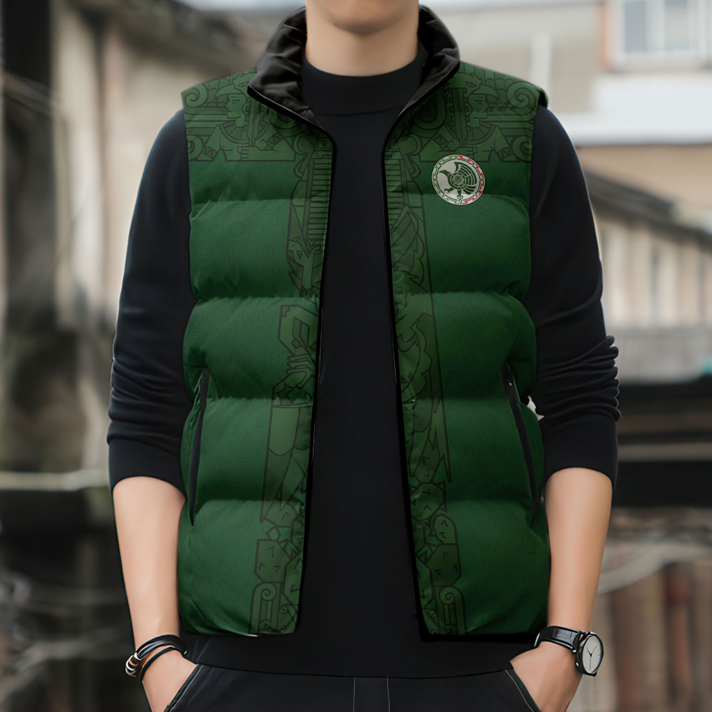 Mis Raices Mexico Football Custom Sleeveless Puffer Jacket Aztec Calendar Line Art
