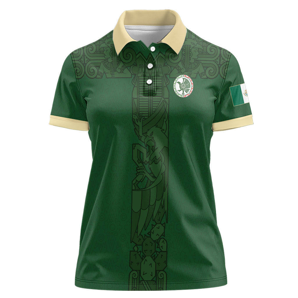 Mis Raices Mexico Football Custom Women Polo Shirt Aztec Calendar Line Art