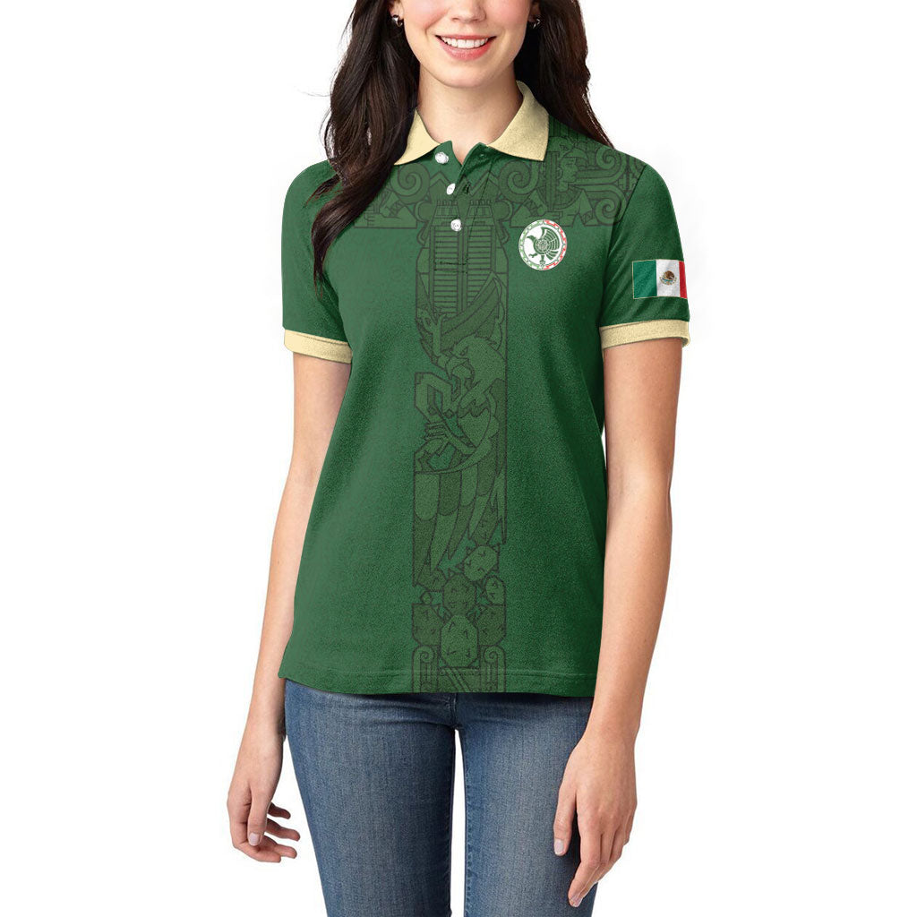 Mis Raices Mexico Football Custom Women Polo Shirt Aztec Calendar Line Art