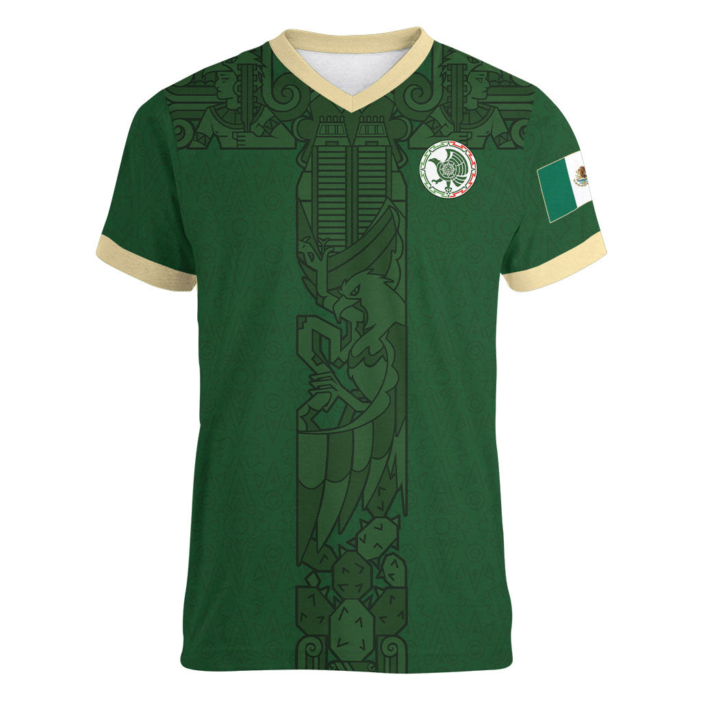 Mis Raices Mexico Football Custom Women V-Neck T-Shirt Aztec Calendar Line Art