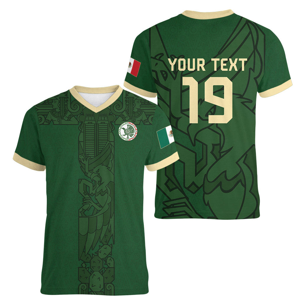 Mis Raices Mexico Football Custom Women V-Neck T-Shirt Aztec Calendar Line Art