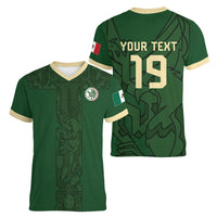 Mis Raices Mexico Football Custom Women V-Neck T-Shirt Aztec Calendar Line Art