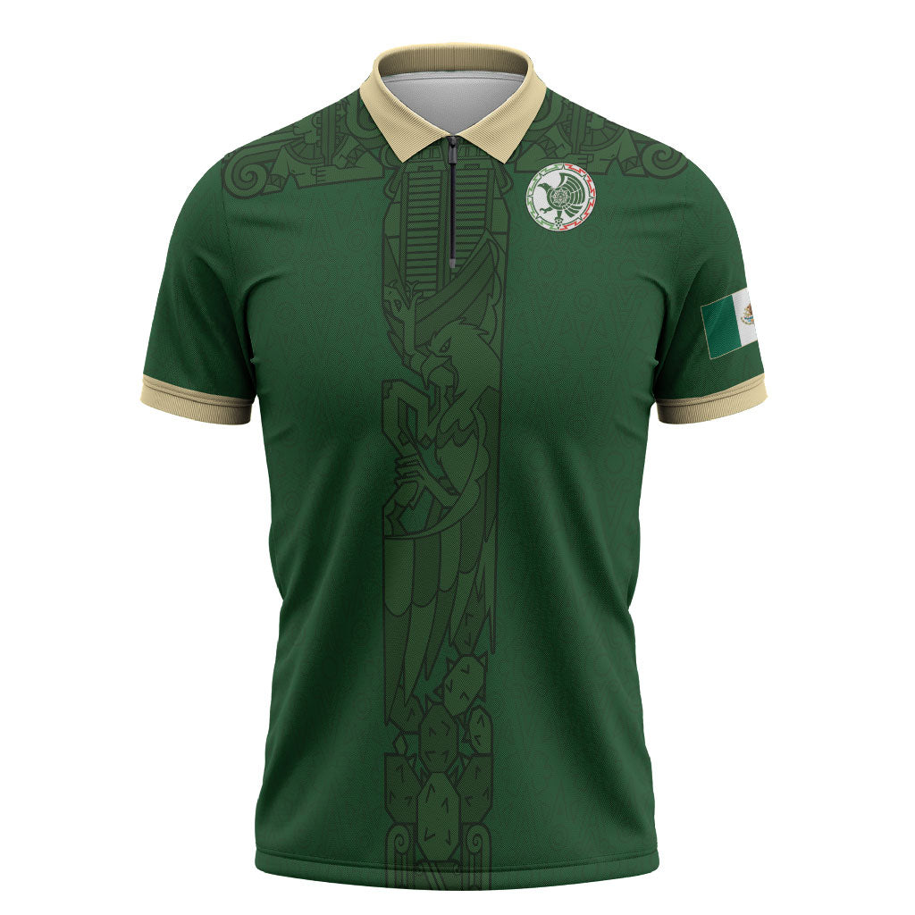 Mis Raices Mexico Football Custom Zipper Polo Shirt Aztec Calendar Line Art