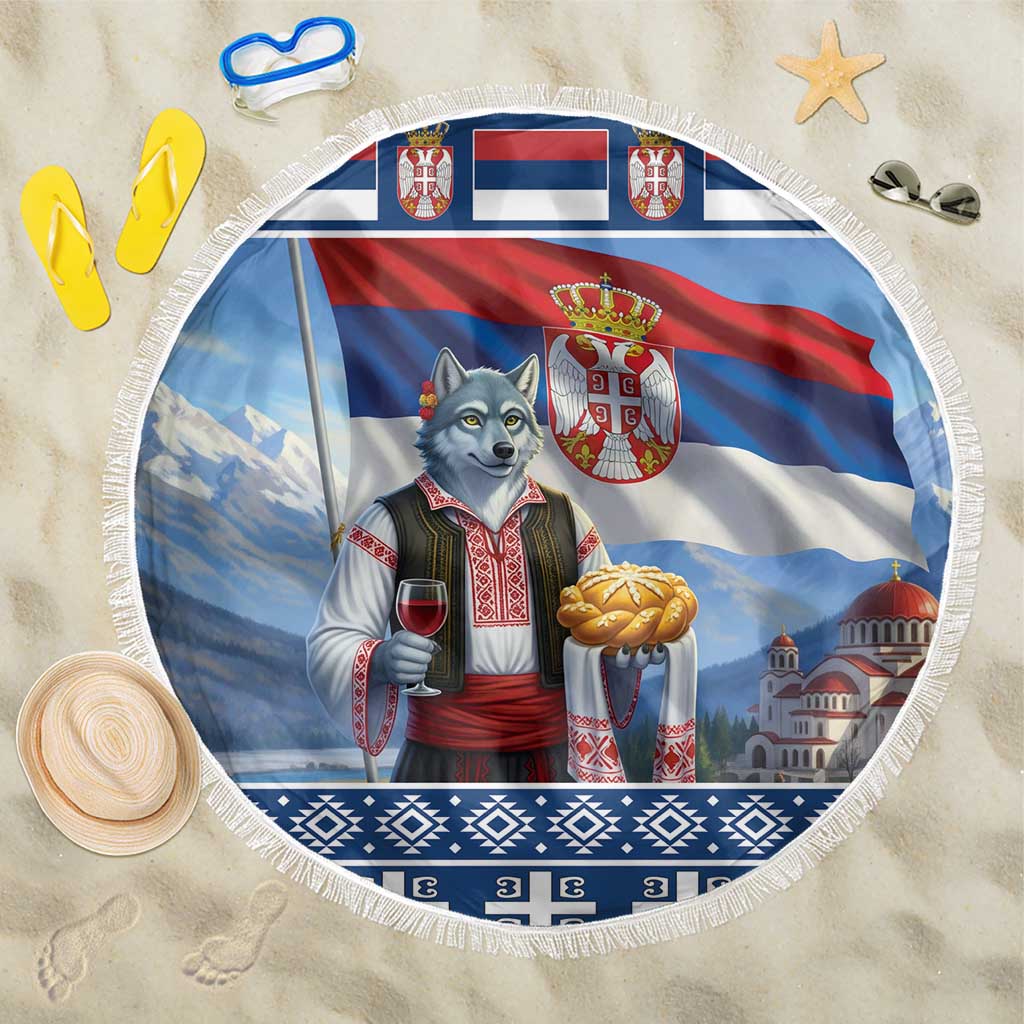 Serbia Christmas Wolf Beach Blanket Vuk Serbian Mascot - Wonder Print Shop