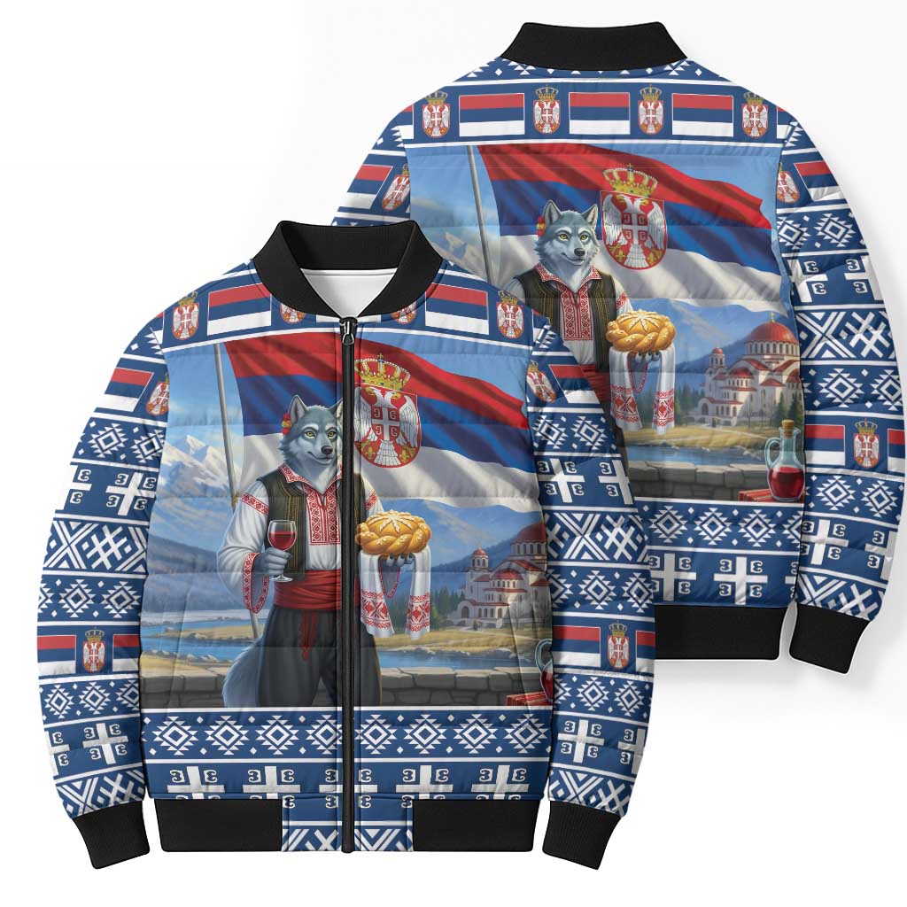 Serbia Christmas Wolf Bomber Puffer Jacket Vuk Serbian Mascot - Wonder Print Shop
