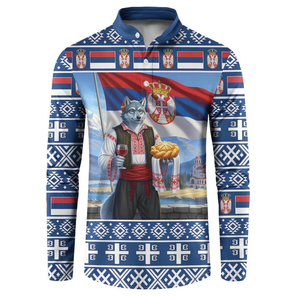 Serbia Christmas Wolf Button Sweatshirt Vuk Serbian Mascot - Wonder Print Shop