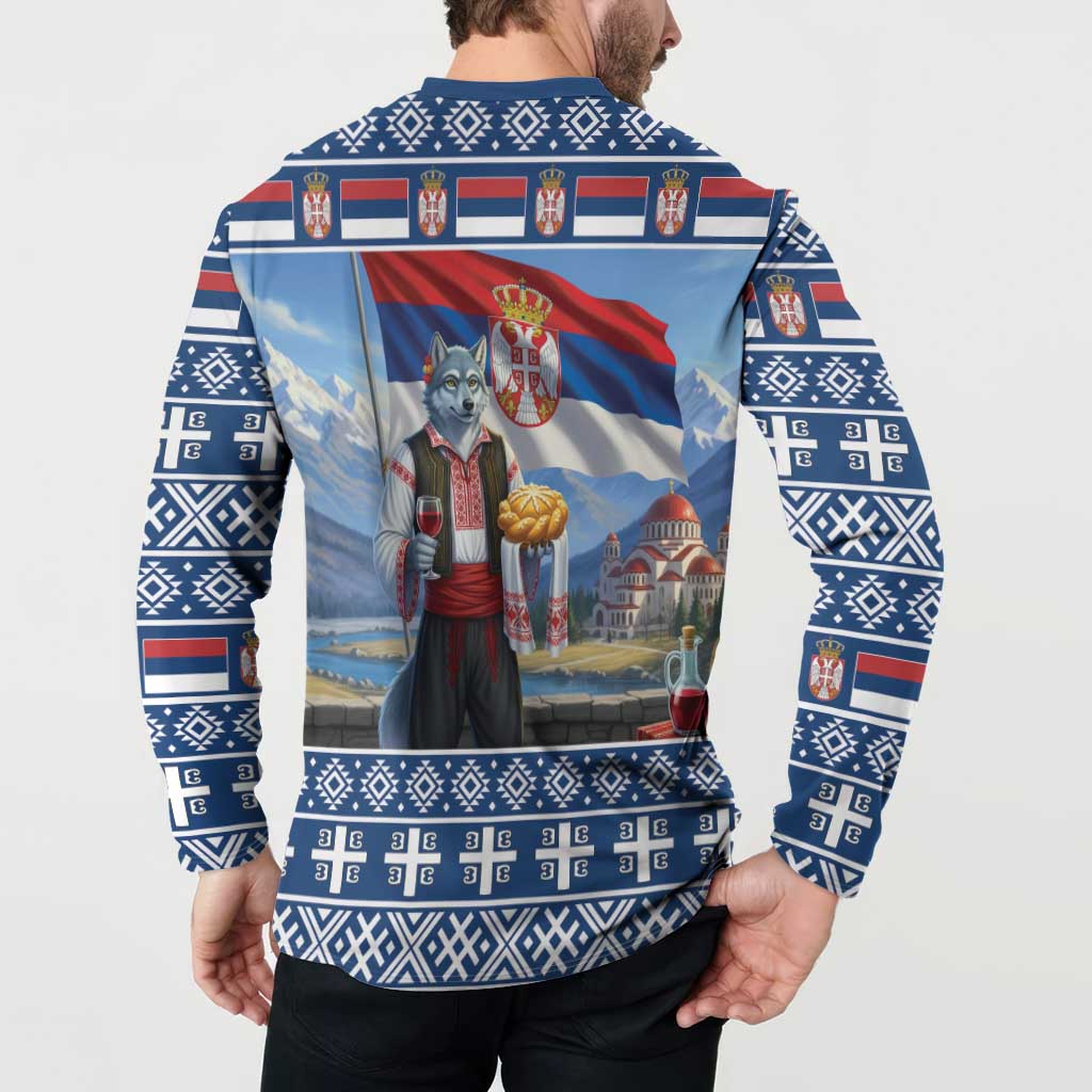 Serbia Christmas Wolf Button Sweatshirt Vuk Serbian Mascot - Wonder Print Shop