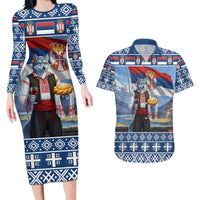 Serbia Christmas Wolf Couples Matching Long Sleeve Bodycon Dress and Hawaiian Shirt Vuk Serbian Mascot - Wonder Print Shop
