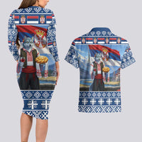 Serbia Christmas Wolf Couples Matching Long Sleeve Bodycon Dress and Hawaiian Shirt Vuk Serbian Mascot - Wonder Print Shop