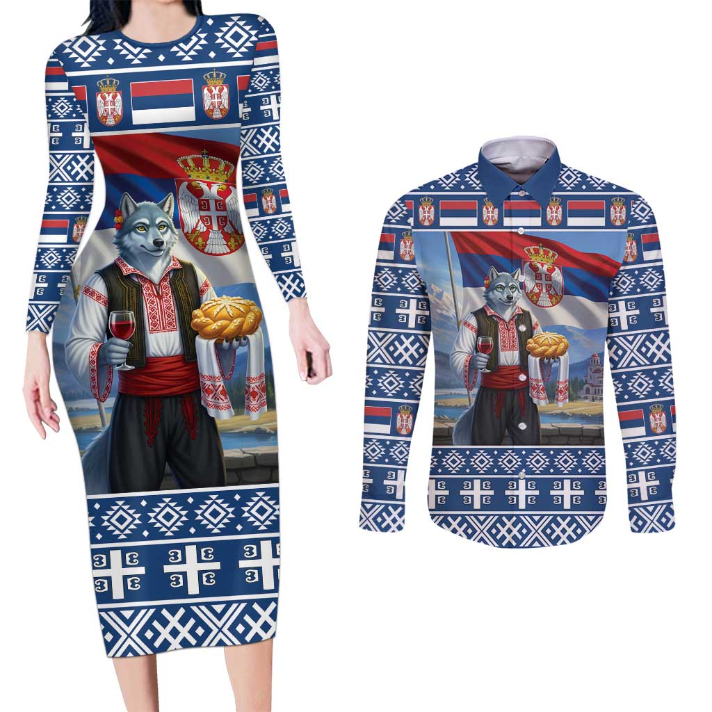 Serbia Christmas Wolf Couples Matching Long Sleeve Bodycon Dress and Long Sleeve Button Shirt Vuk Serbian Mascot - Wonder Print Shop