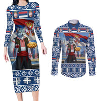Serbia Christmas Wolf Couples Matching Long Sleeve Bodycon Dress and Long Sleeve Button Shirt Vuk Serbian Mascot - Wonder Print Shop