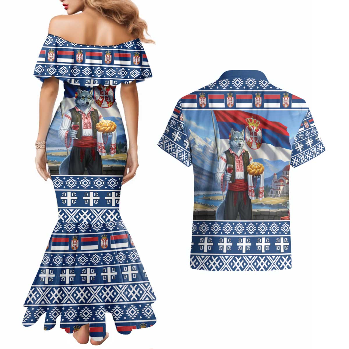 Serbia Christmas Wolf Couples Matching Mermaid Dress and Hawaiian Shirt Vuk Serbian Mascot - Wonder Print Shop