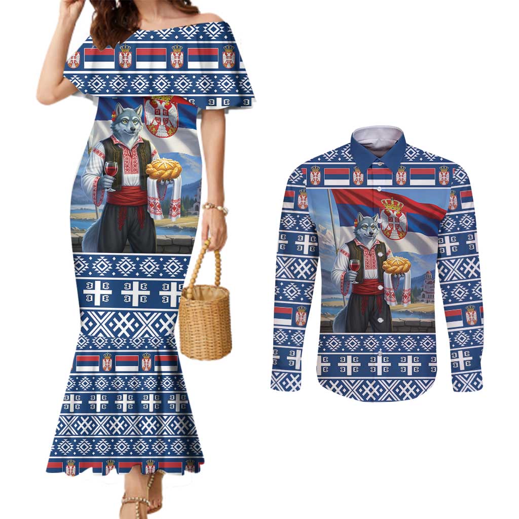 Serbia Christmas Wolf Couples Matching Mermaid Dress and Long Sleeve Button Shirt Vuk Serbian Mascot - Wonder Print Shop