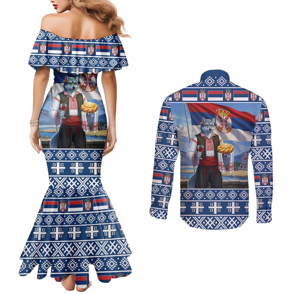 Serbia Christmas Wolf Couples Matching Mermaid Dress and Long Sleeve Button Shirt Vuk Serbian Mascot - Wonder Print Shop