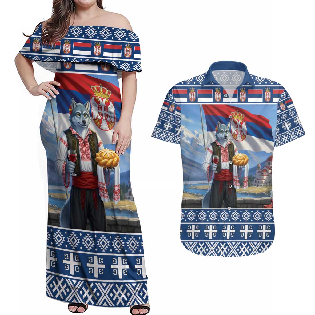 Serbia Christmas Wolf Couples Matching Off Shoulder Maxi Dress and Hawaiian Shirt Vuk Serbian Mascot - Wonder Print Shop