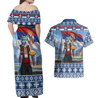 Serbia Christmas Wolf Couples Matching Off Shoulder Maxi Dress and Hawaiian Shirt Vuk Serbian Mascot - Wonder Print Shop