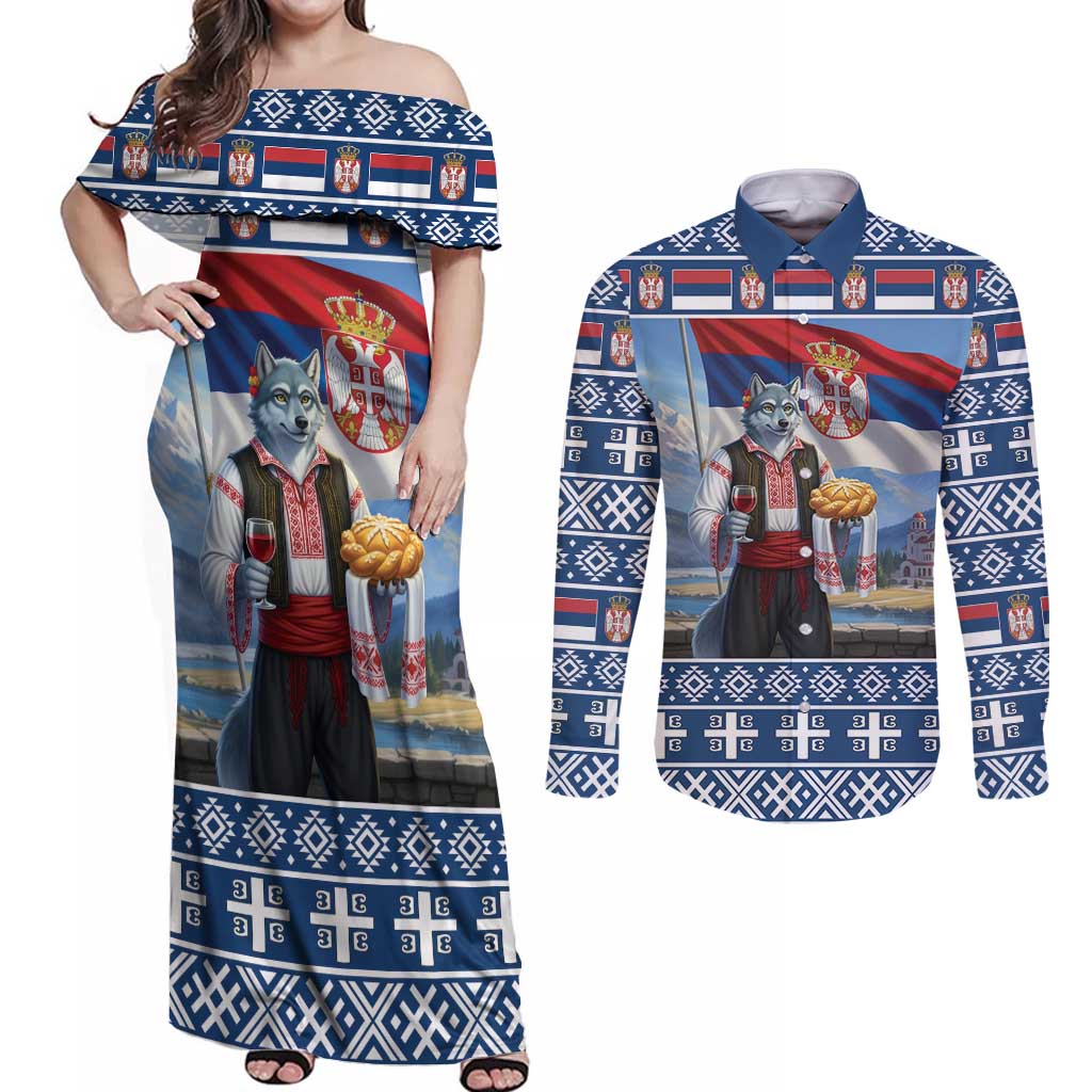 Serbia Christmas Wolf Couples Matching Off Shoulder Maxi Dress and Long Sleeve Button Shirt Vuk Serbian Mascot - Wonder Print Shop