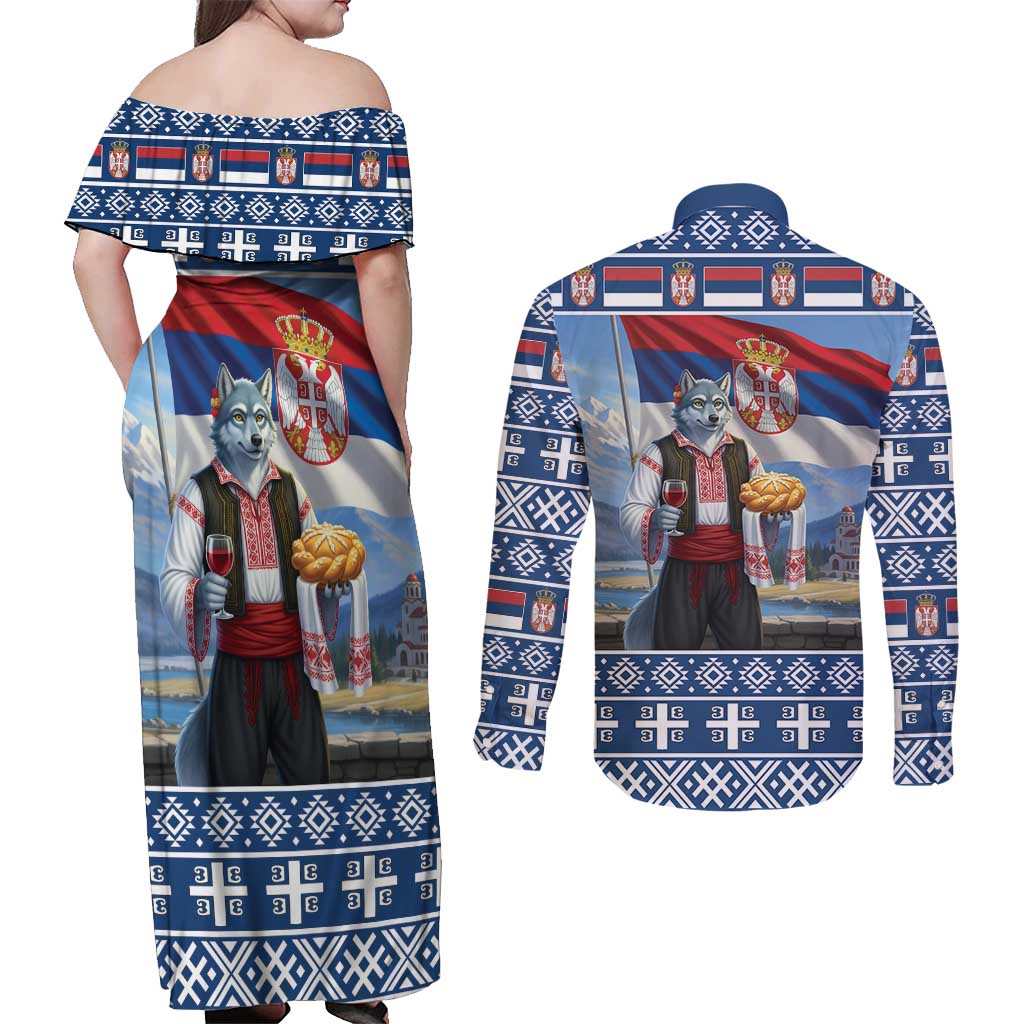 Serbia Christmas Wolf Couples Matching Off Shoulder Maxi Dress and Long Sleeve Button Shirt Vuk Serbian Mascot - Wonder Print Shop