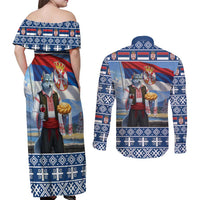Serbia Christmas Wolf Couples Matching Off Shoulder Maxi Dress and Long Sleeve Button Shirt Vuk Serbian Mascot - Wonder Print Shop