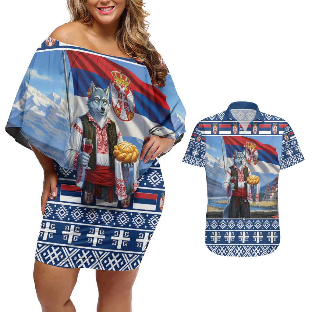 Serbia Christmas Wolf Couples Matching Off Shoulder Short Dress and Hawaiian Shirt Vuk Serbian Mascot - Wonder Print Shop