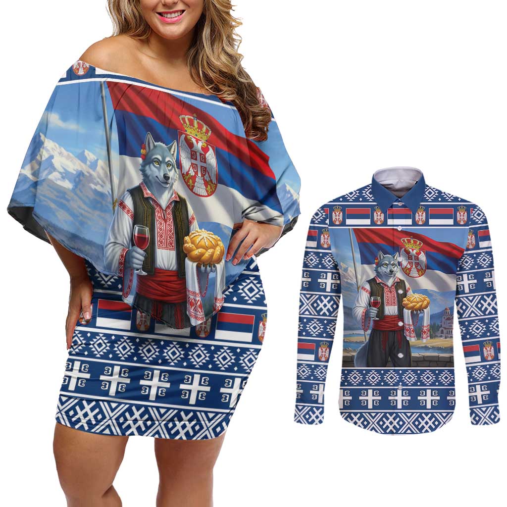 Serbia Christmas Wolf Couples Matching Off Shoulder Short Dress and Long Sleeve Button Shirt Vuk Serbian Mascot - Wonder Print Shop