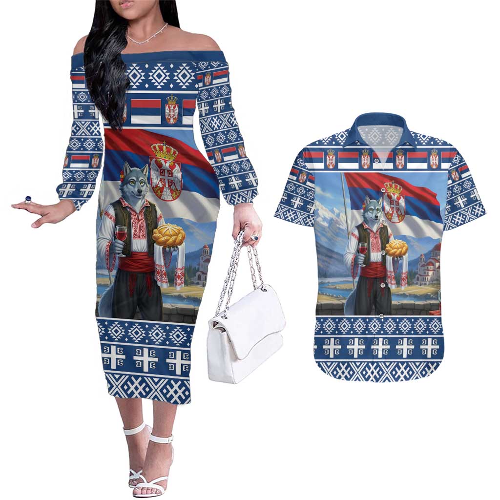 Serbia Christmas Wolf Couples Matching Off The Shoulder Long Sleeve Dress and Hawaiian Shirt Vuk Serbian Mascot - Wonder Print Shop