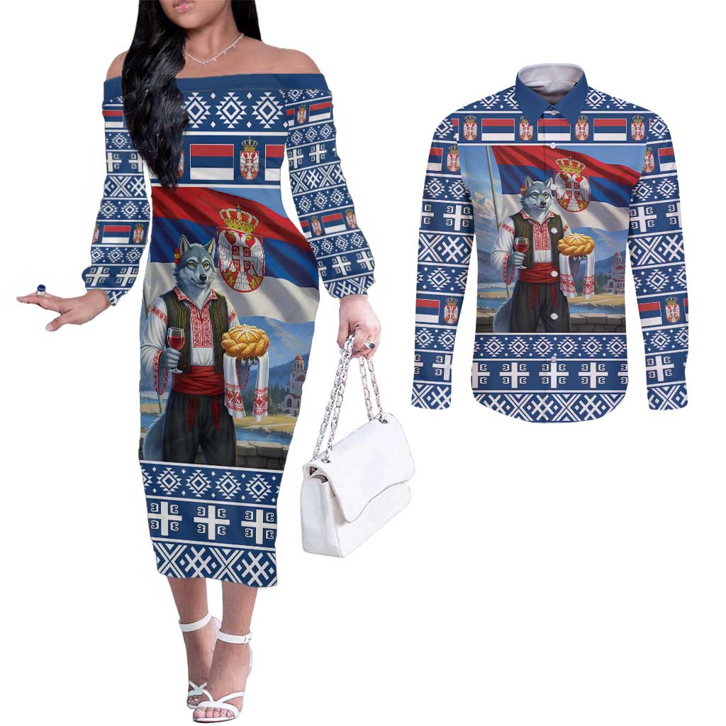 Serbia Christmas Wolf Couples Matching Off The Shoulder Long Sleeve Dress and Long Sleeve Button Shirt Vuk Serbian Mascot - Wonder Print Shop