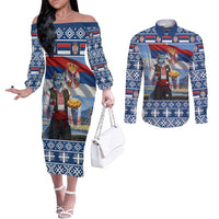Serbia Christmas Wolf Couples Matching Off The Shoulder Long Sleeve Dress and Long Sleeve Button Shirt Vuk Serbian Mascot - Wonder Print Shop