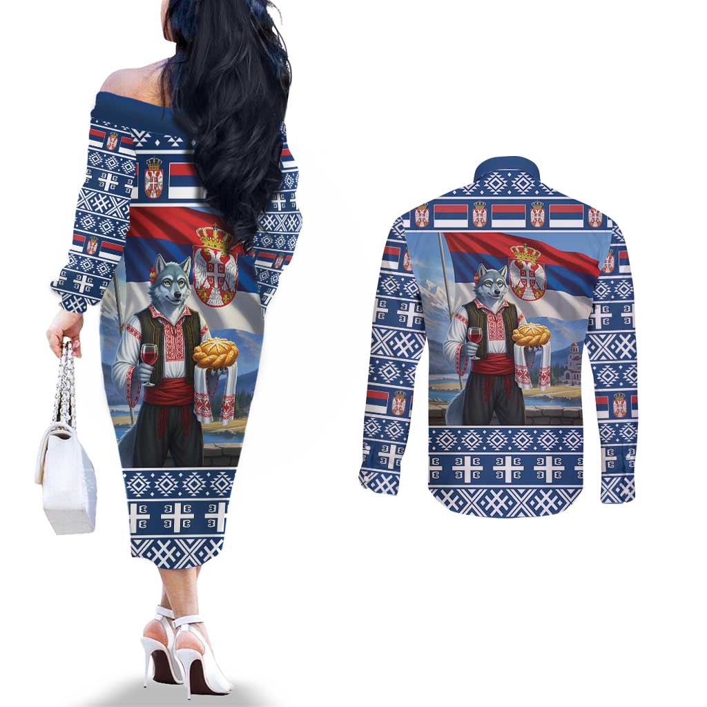 Serbia Christmas Wolf Couples Matching Off The Shoulder Long Sleeve Dress and Long Sleeve Button Shirt Vuk Serbian Mascot - Wonder Print Shop