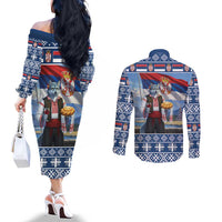 Serbia Christmas Wolf Couples Matching Off The Shoulder Long Sleeve Dress and Long Sleeve Button Shirt Vuk Serbian Mascot - Wonder Print Shop