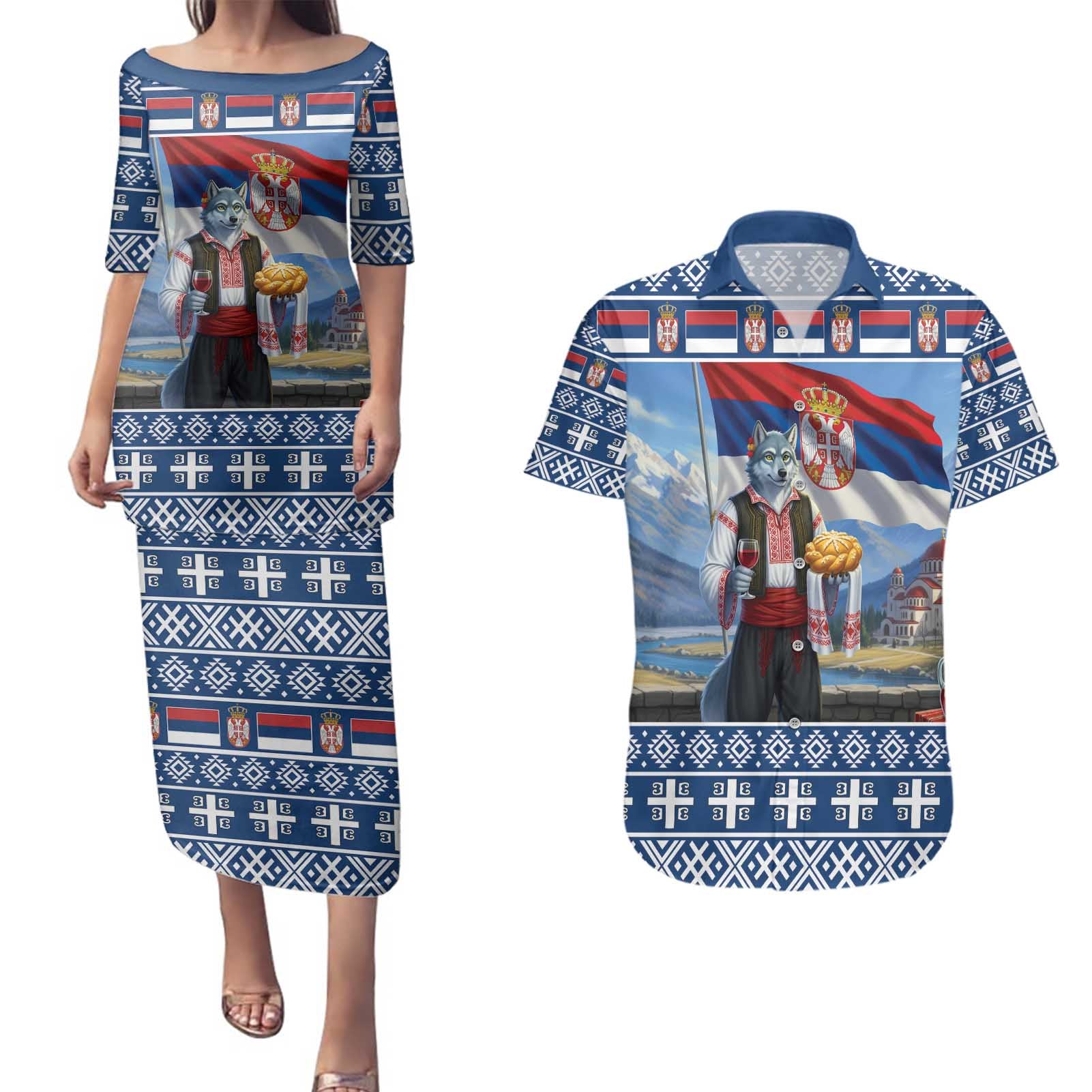 Serbia Christmas Wolf Couples Matching Puletasi and Hawaiian Shirt Vuk Serbian Mascot - Wonder Print Shop