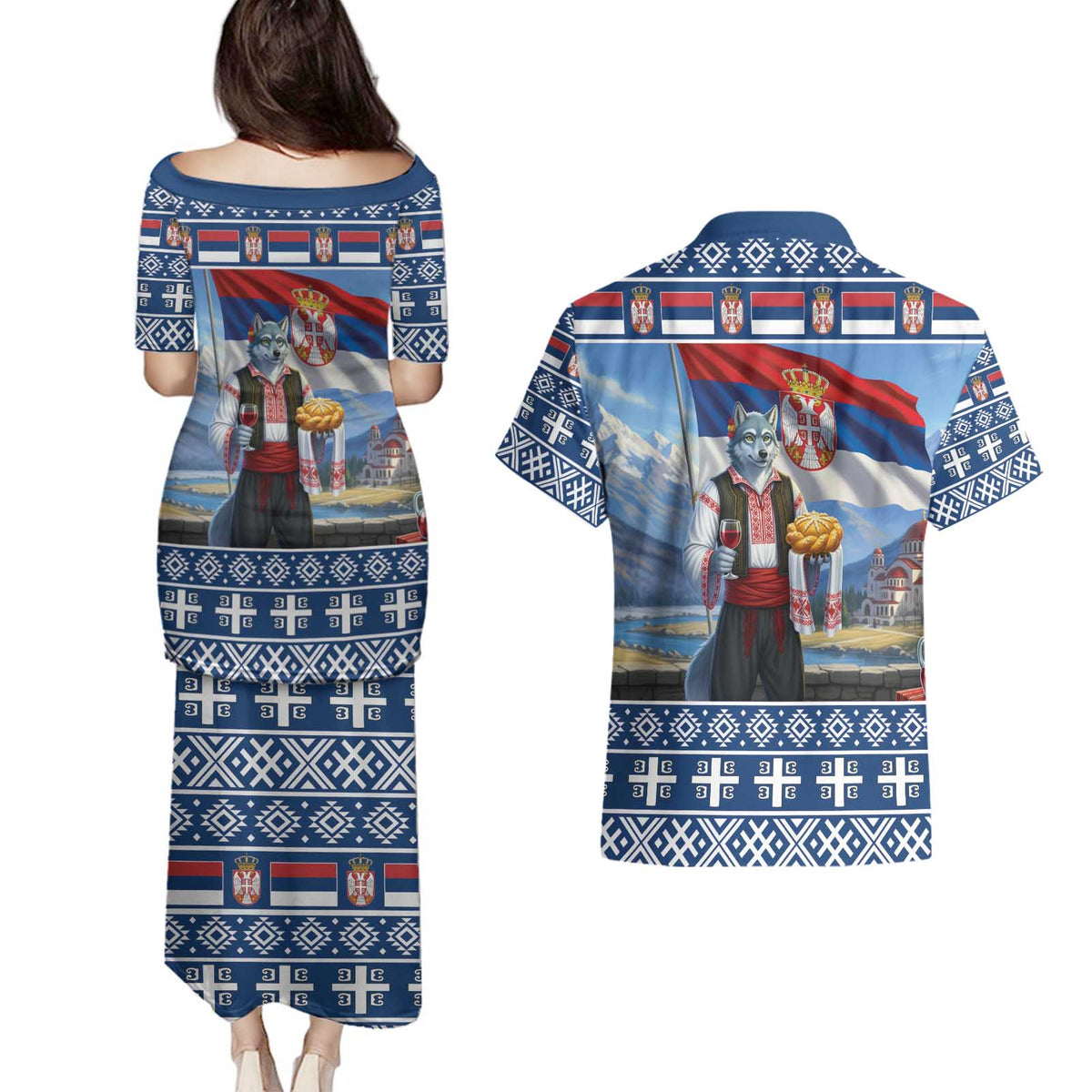 Serbia Christmas Wolf Couples Matching Puletasi and Hawaiian Shirt Vuk Serbian Mascot - Wonder Print Shop