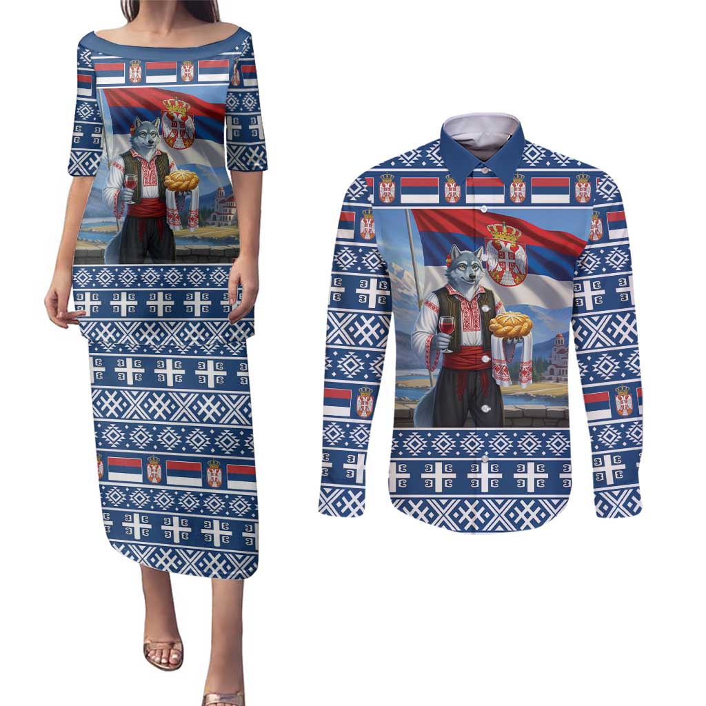 Serbia Christmas Wolf Couples Matching Puletasi and Long Sleeve Button Shirt Vuk Serbian Mascot - Wonder Print Shop