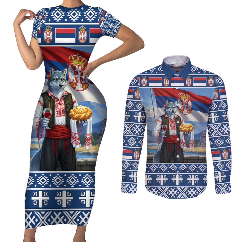 Serbia Christmas Wolf Couples Matching Short Sleeve Bodycon Dress and Long Sleeve Button Shirt Vuk Serbian Mascot - Wonder Print Shop