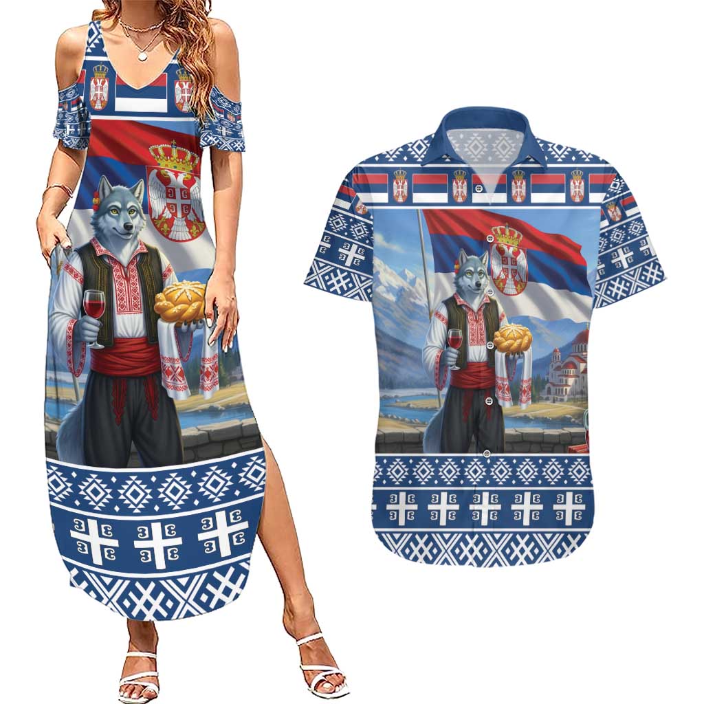 Serbia Christmas Wolf Couples Matching Summer Maxi Dress and Hawaiian Shirt Vuk Serbian Mascot - Wonder Print Shop
