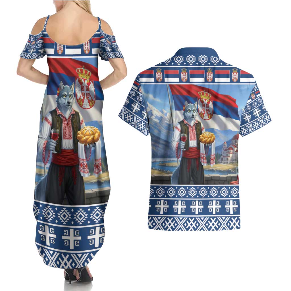 Serbia Christmas Wolf Couples Matching Summer Maxi Dress and Hawaiian Shirt Vuk Serbian Mascot - Wonder Print Shop