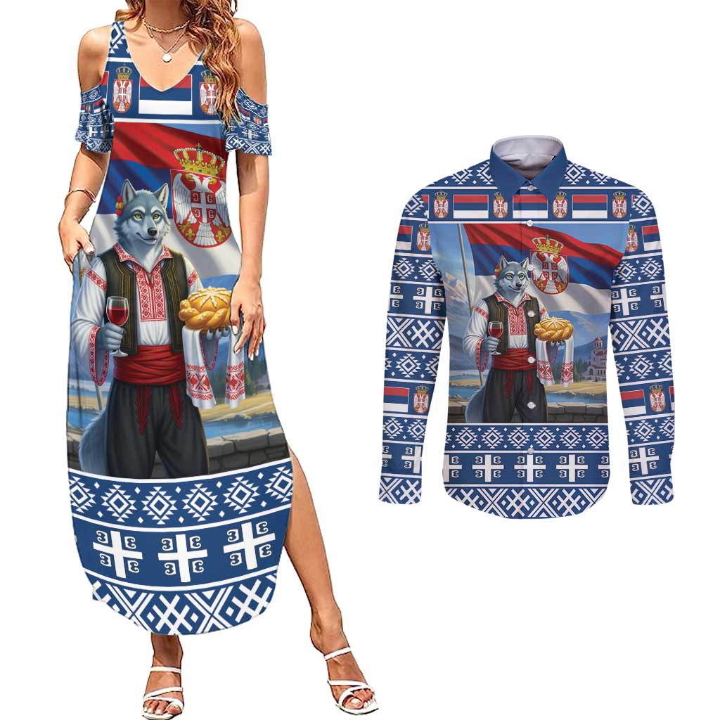 Serbia Christmas Wolf Couples Matching Summer Maxi Dress and Long Sleeve Button Shirt Vuk Serbian Mascot - Wonder Print Shop