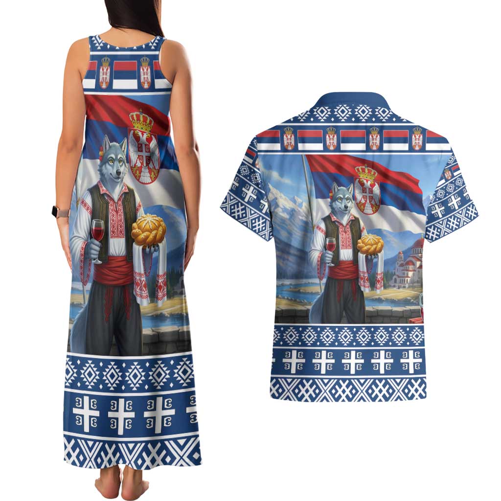 Serbia Christmas Wolf Couples Matching Tank Maxi Dress and Hawaiian Shirt Vuk Serbian Mascot - Wonder Print Shop