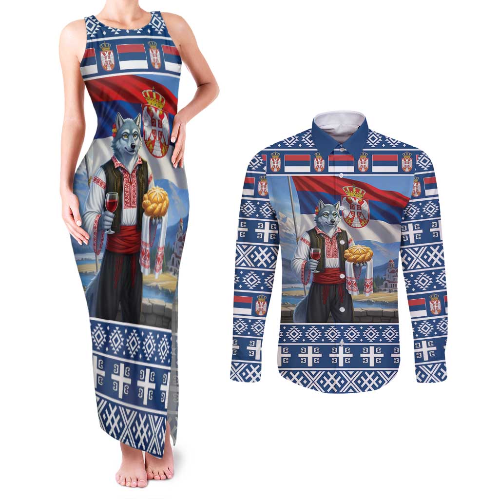 Serbia Christmas Wolf Couples Matching Tank Maxi Dress and Long Sleeve Button Shirt Vuk Serbian Mascot - Wonder Print Shop
