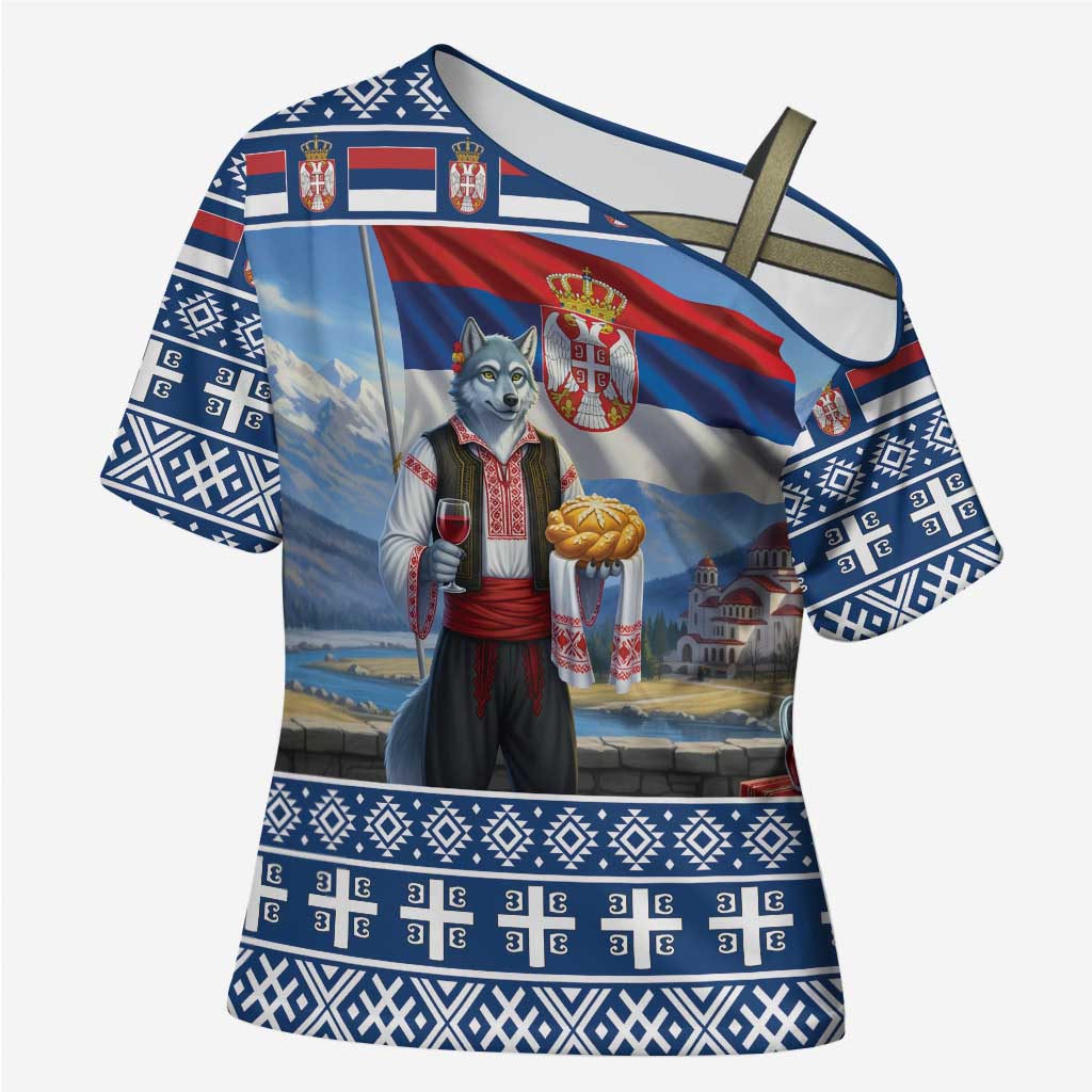 Serbia Christmas Wolf Cross Shoulder Shirt Vuk Serbian Mascot - Wonder Print Shop