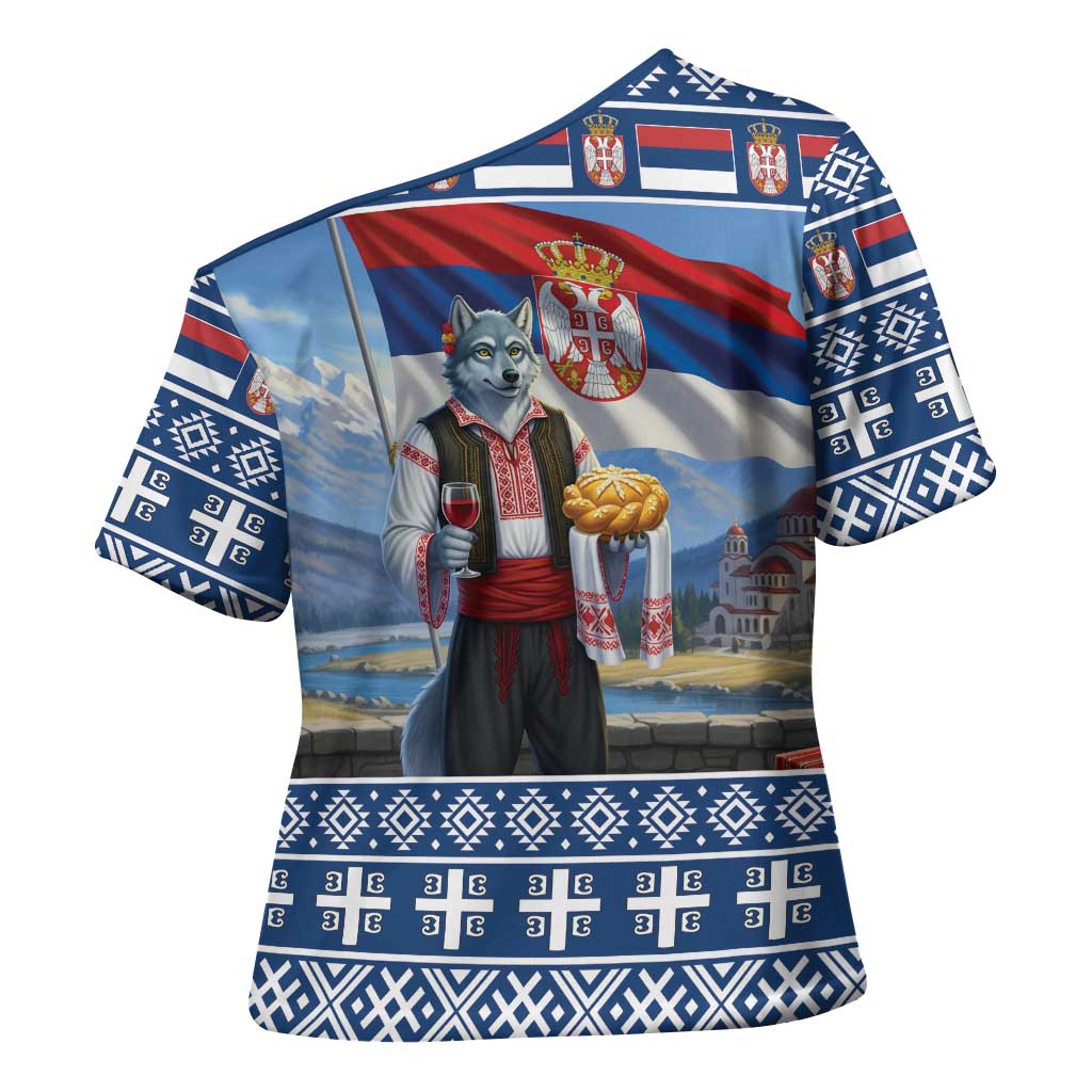 Serbia Christmas Wolf Cross Shoulder Shirt Vuk Serbian Mascot - Wonder Print Shop