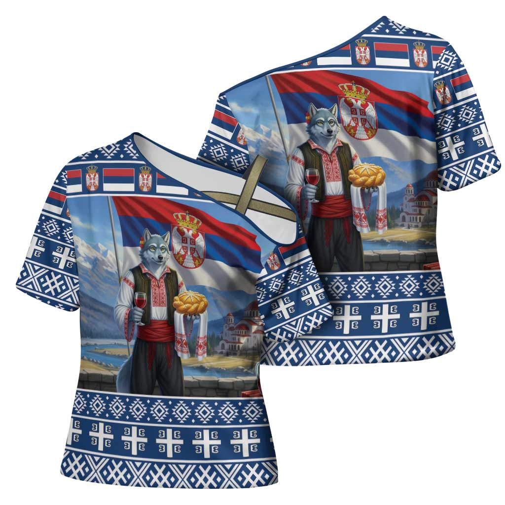 Serbia Christmas Wolf Cross Shoulder Shirt Vuk Serbian Mascot - Wonder Print Shop