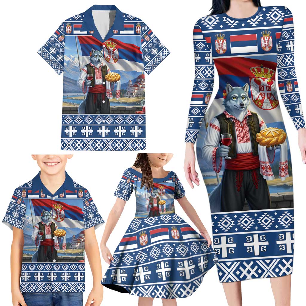 Serbia Christmas Wolf Family Matching Long Sleeve Bodycon Dress and Hawaiian Shirt Vuk Serbian Mascot - Wonder Print Shop
