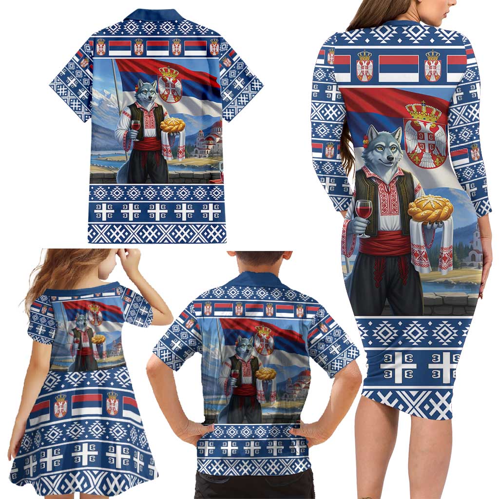 Serbia Christmas Wolf Family Matching Long Sleeve Bodycon Dress and Hawaiian Shirt Vuk Serbian Mascot - Wonder Print Shop