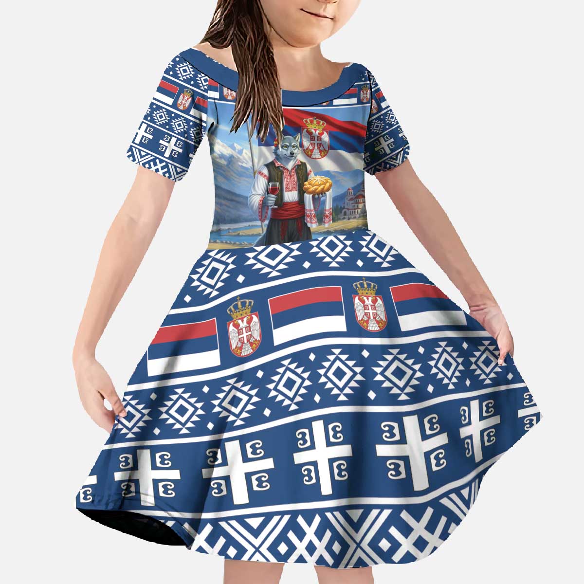 Serbia Christmas Wolf Family Matching Off The Shoulder Long Sleeve Dress and Hawaiian Shirt Vuk Serbian Mascot - Wonder Print Shop