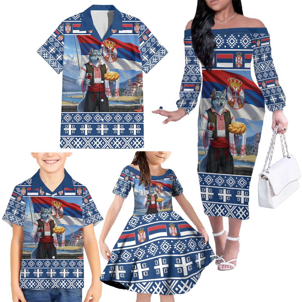 Serbia Christmas Wolf Family Matching Off The Shoulder Long Sleeve Dress and Hawaiian Shirt Vuk Serbian Mascot - Wonder Print Shop