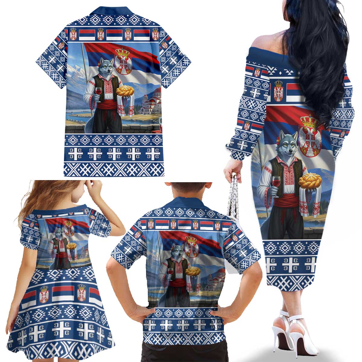 Serbia Christmas Wolf Family Matching Off The Shoulder Long Sleeve Dress and Hawaiian Shirt Vuk Serbian Mascot - Wonder Print Shop